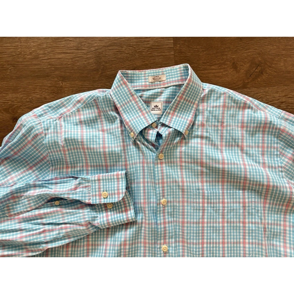 Peter Millar Shirt Mens Large Button Up Pink Blue Check‎ Gingham  Spread L